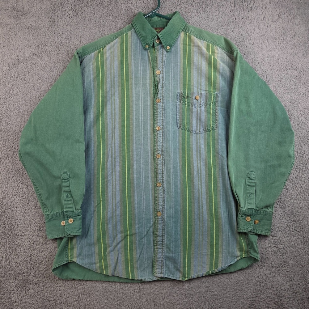Vintage 90s Striped Oxford Button Down Shirt Mens Large Green Blue Cotton Pocket